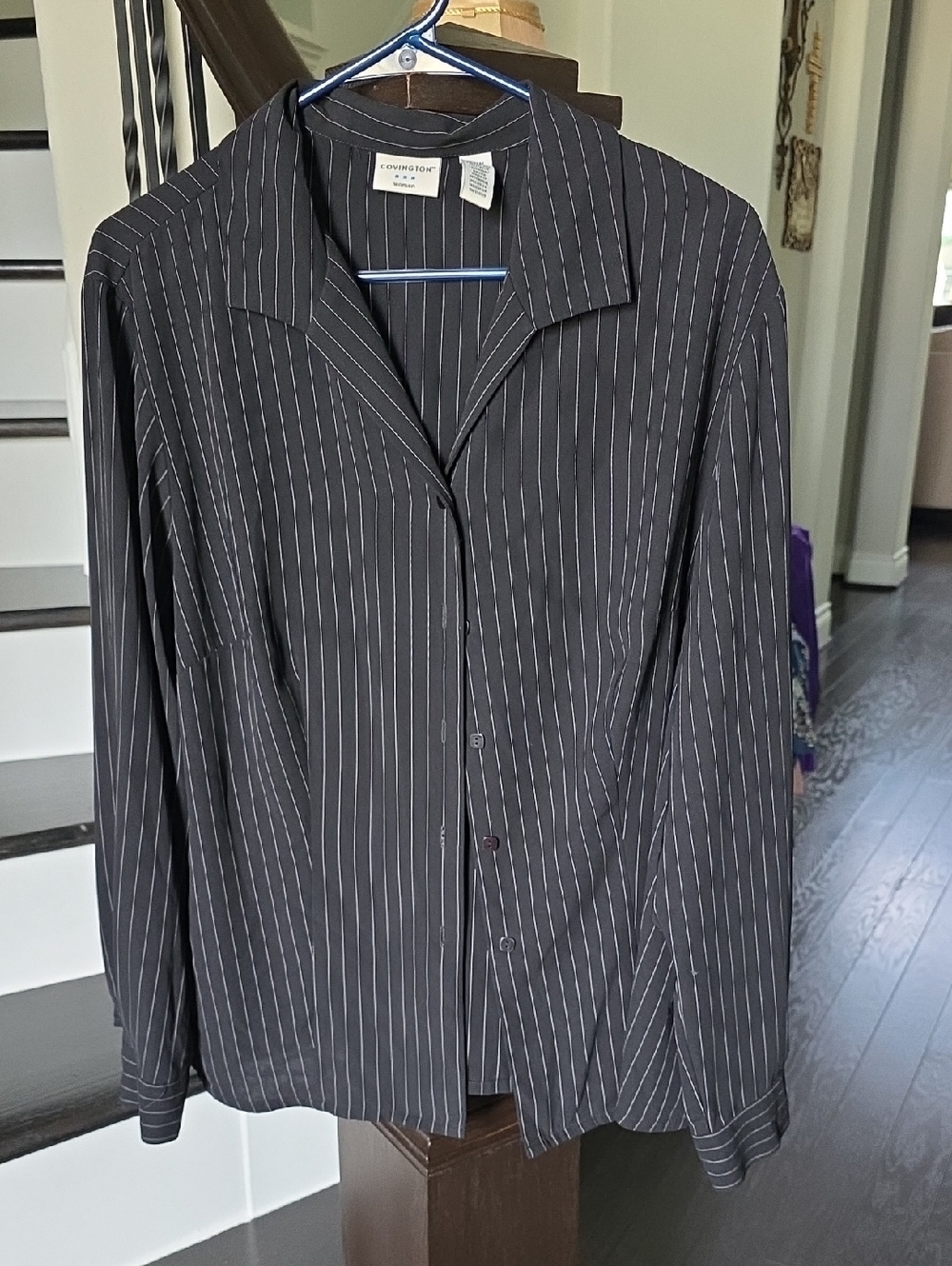 Covington Woman Black Pinstripe Button-Down Shirt with White Stripes